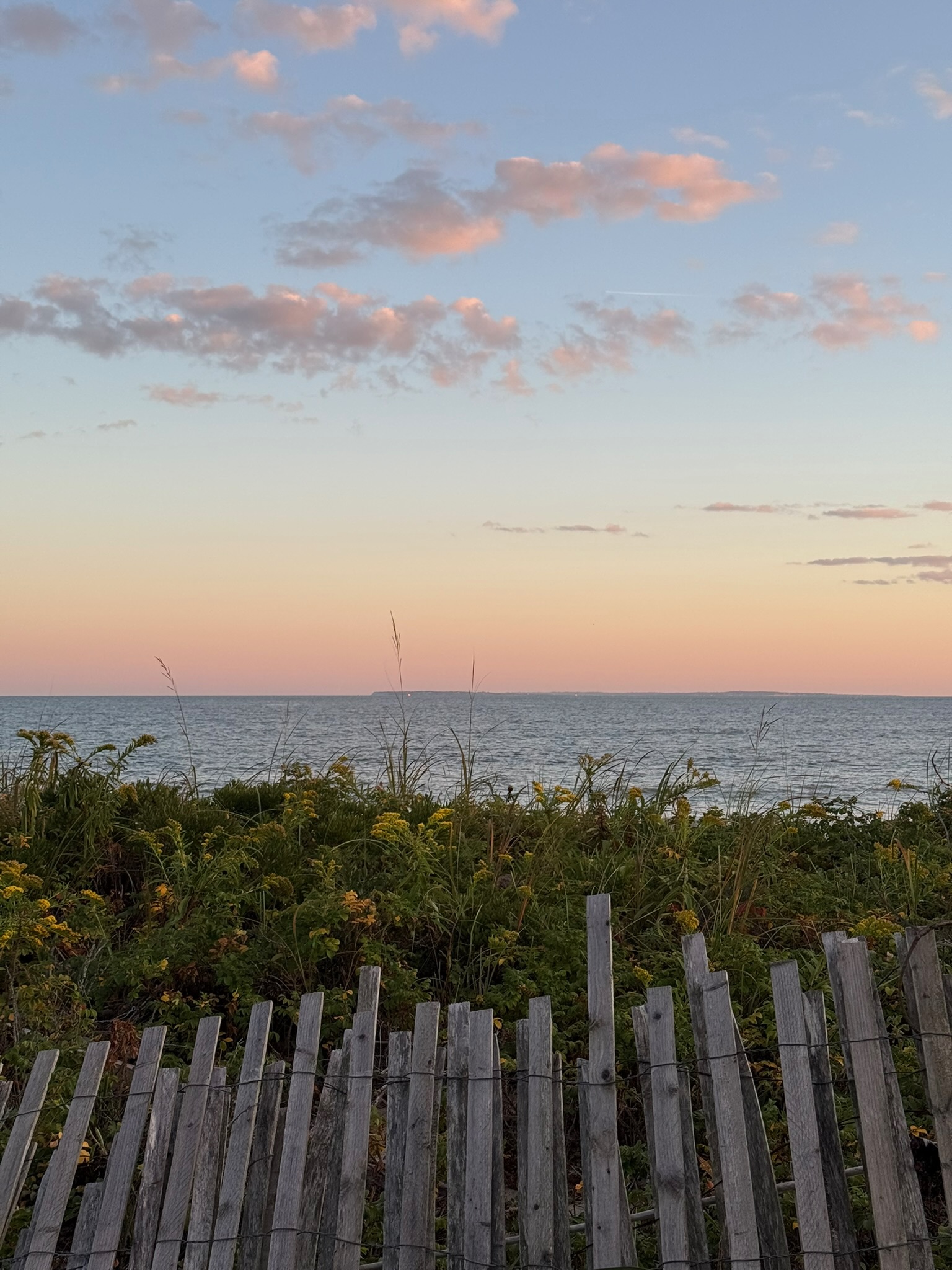 Soft pink clouds above the ocean and beach fence at dusk.
